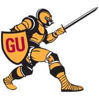 Gannon University's mascot, a gold knight brandishing a sword and a shield with the initials G.U.